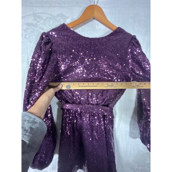 Audrey Parks Francescas Dress Medium Purple Sequins NEW Valary Tie Balloon Slv - Picture 9 of 11